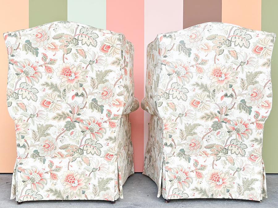 Pair of Floral Chic Upholstered Wingback Chairs