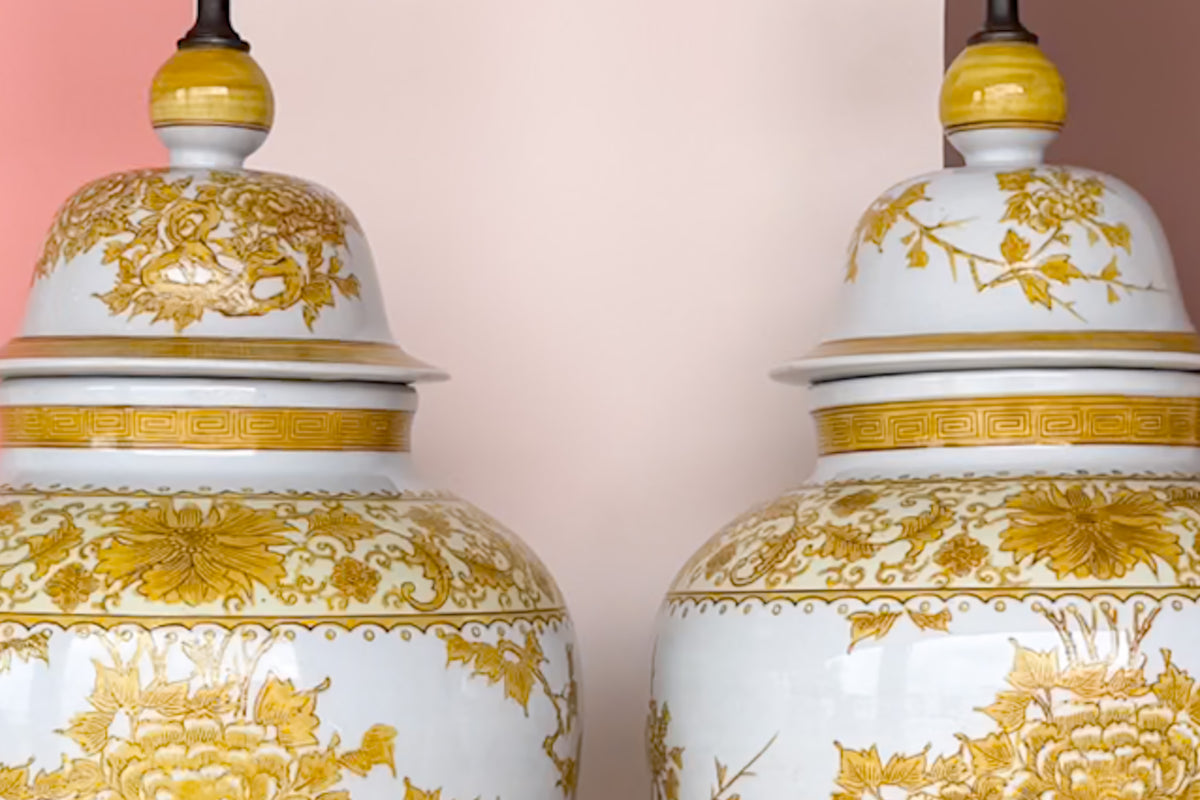 Pair of Yellow and White Ginger Jar Lamps