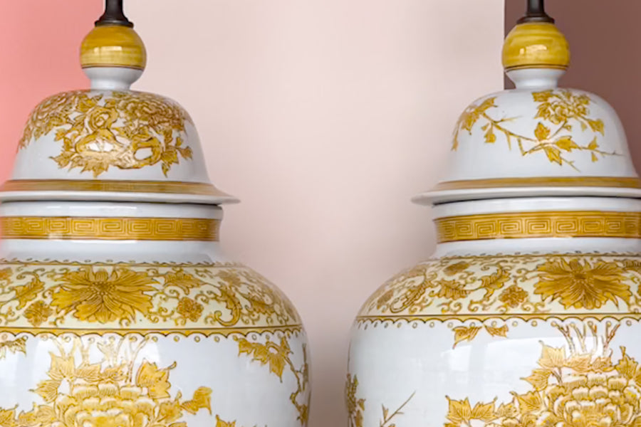Pair of Yellow and White Ginger Jar Lamps