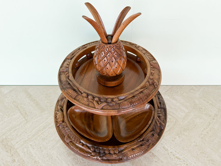 Two Tier Pineapple Wood Carved Serving Dish