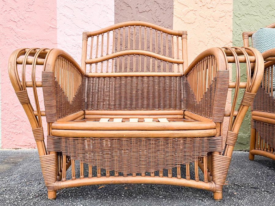 Pair of Coastal Rattan Ficks Reed Lounge Chairs