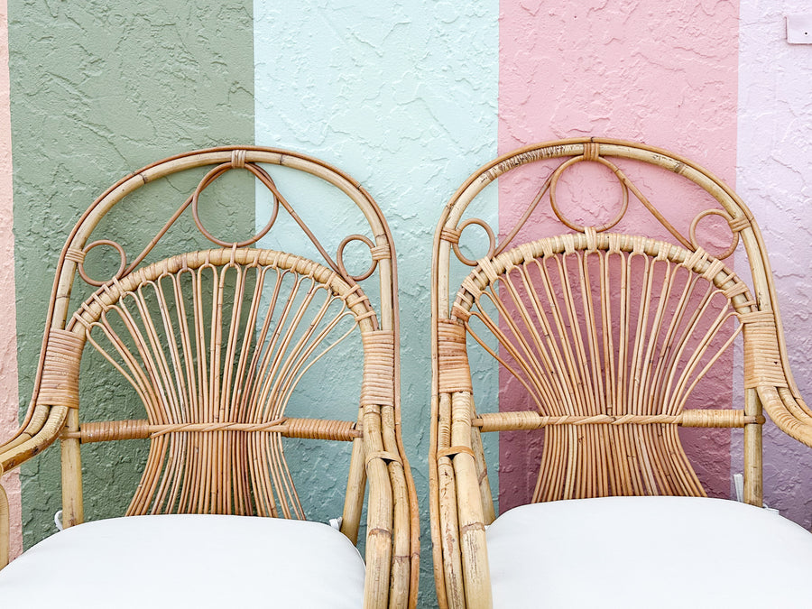 Set of Six Coastal Chic Rattan Arm Chairs