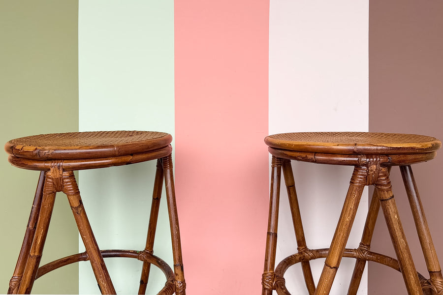 Pair of Rattan and Cane Counter Stools