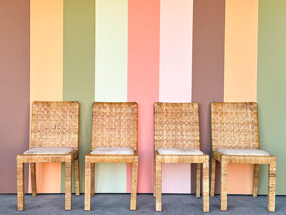 Set of Four Rattan Wrapped Parsons Dining Chairs