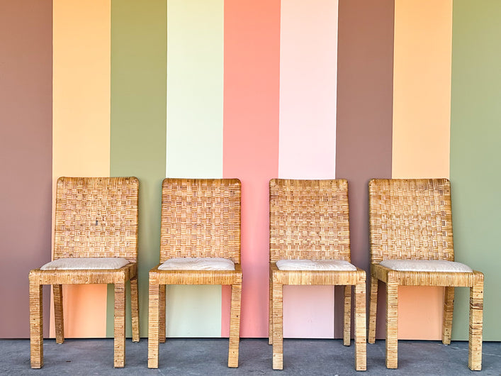 Set of Four Rattan Wrapped Parsons Dining Chairs