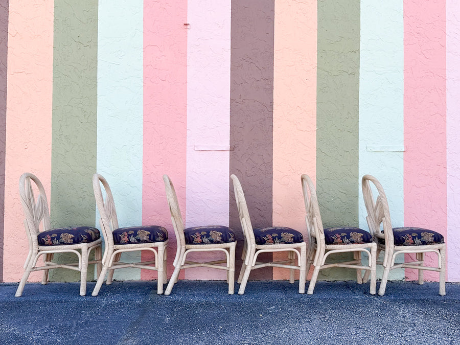 Set of Six Palm Frond Rattan Dining Chairs