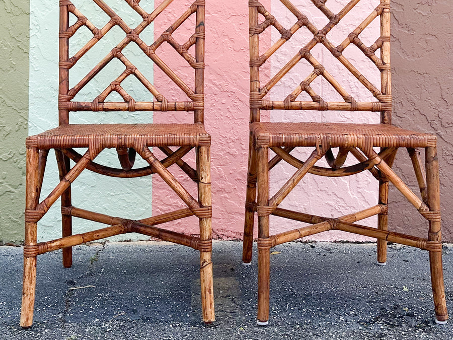Pair of Tortoiseshell Rattan Chippendale Chairs