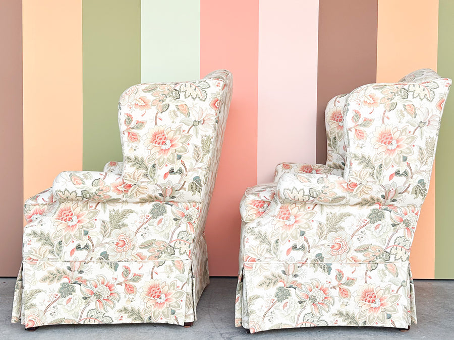 Pair of Floral Chic Upholstered Wingback Chairs