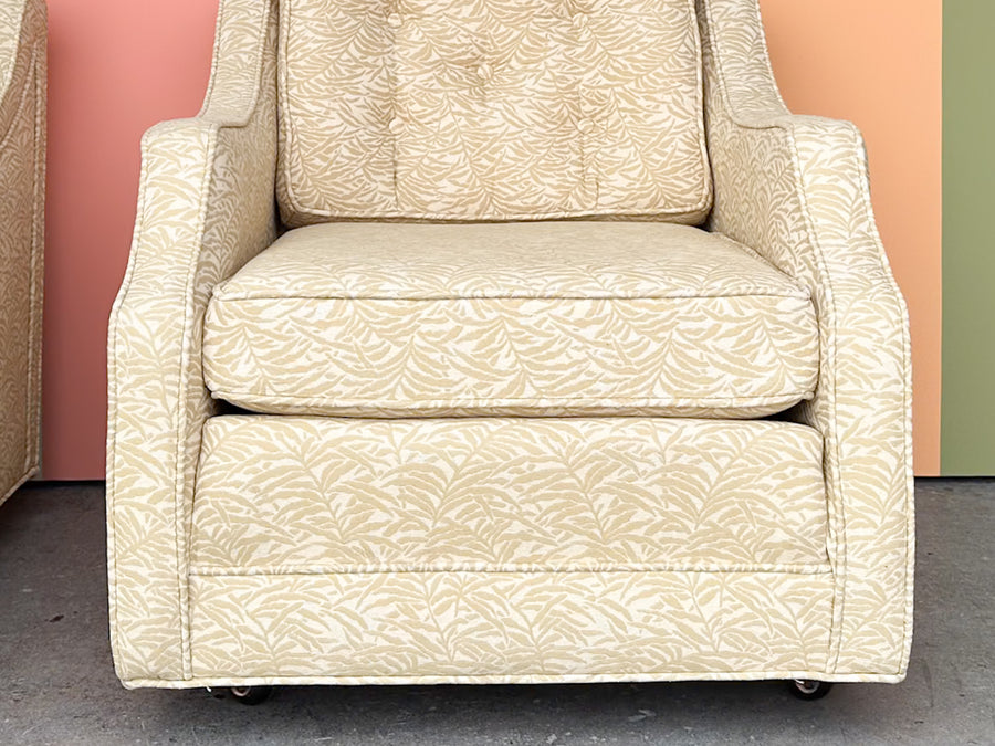 Pair of Butter Yellow Upholstered Chairs on Castors