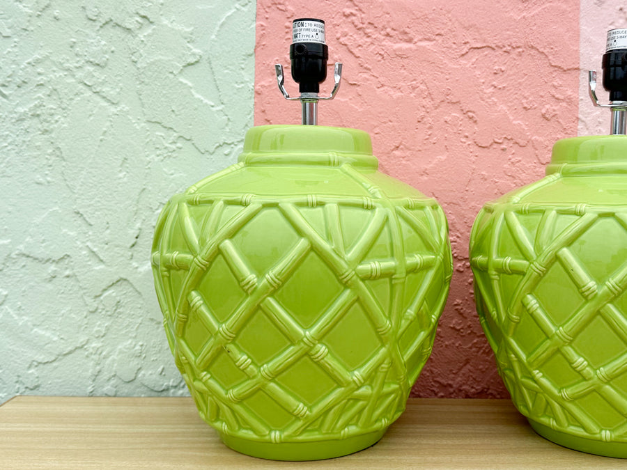Pair of Key Lime Faux Bamboo Lamps