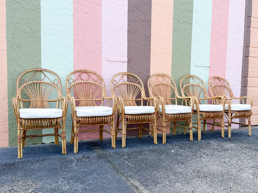 Set of Six Coastal Chic Rattan Arm Chairs