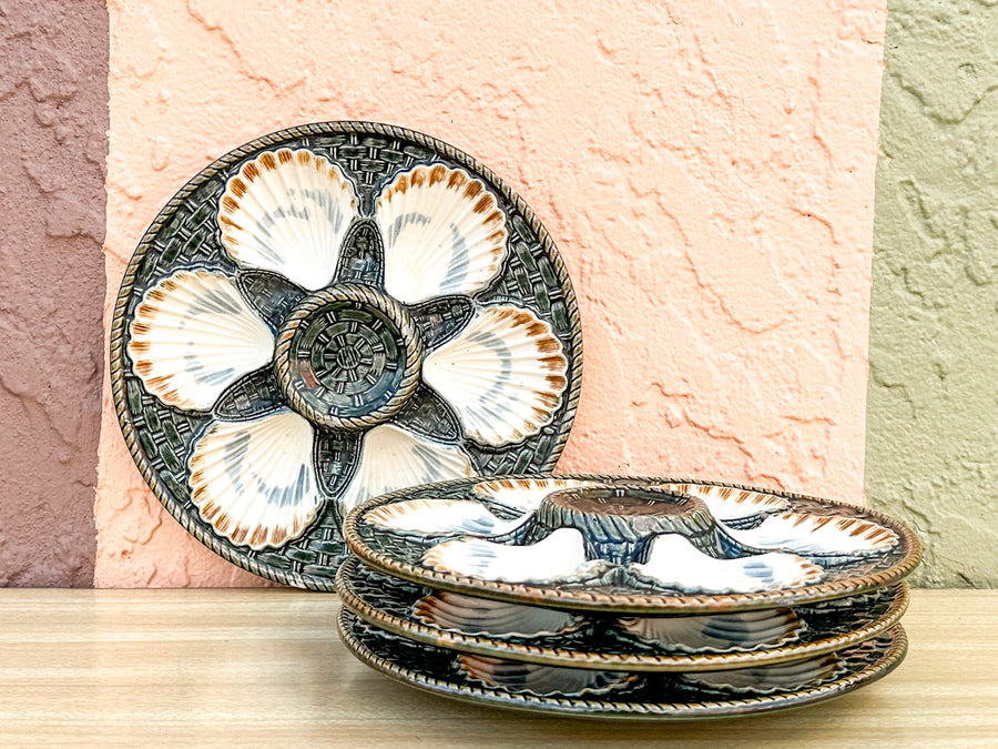 Set of Four Majolica Longchamp Oyster Plates