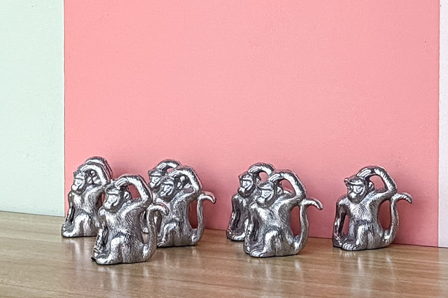 Set of Eight Pewter Monkey Placecard Holders