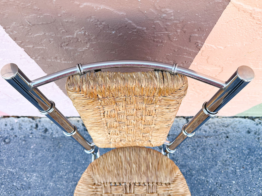 Regency Style Chrome and Rush Faux Bamboo Game Table and Chairs