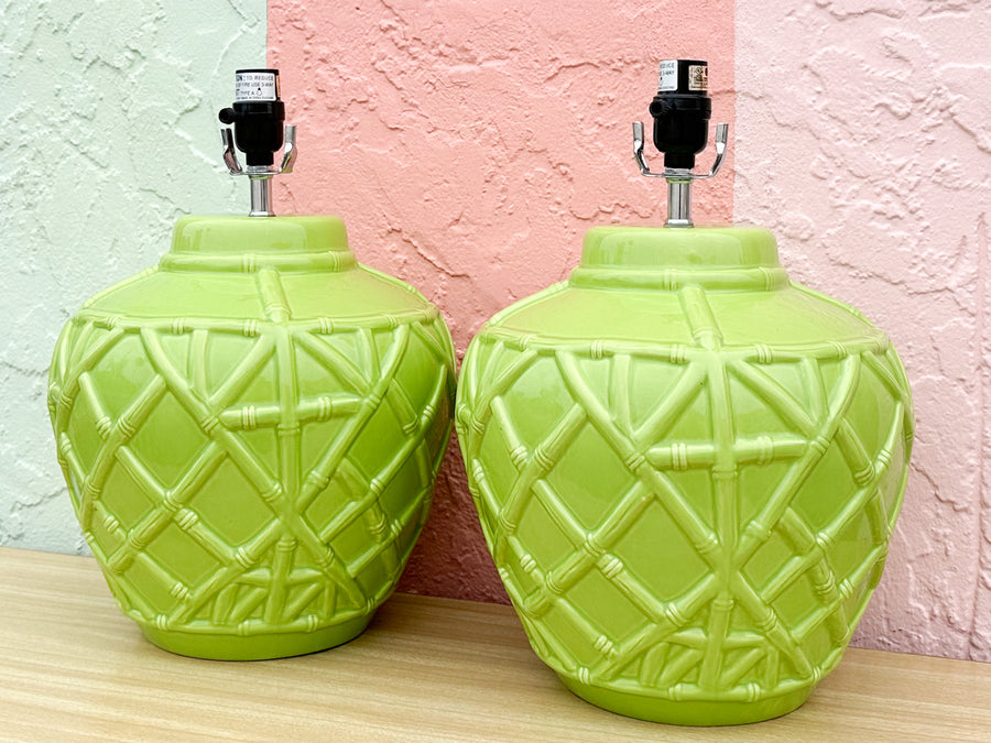 Pair of Key Lime Faux Bamboo Lamps