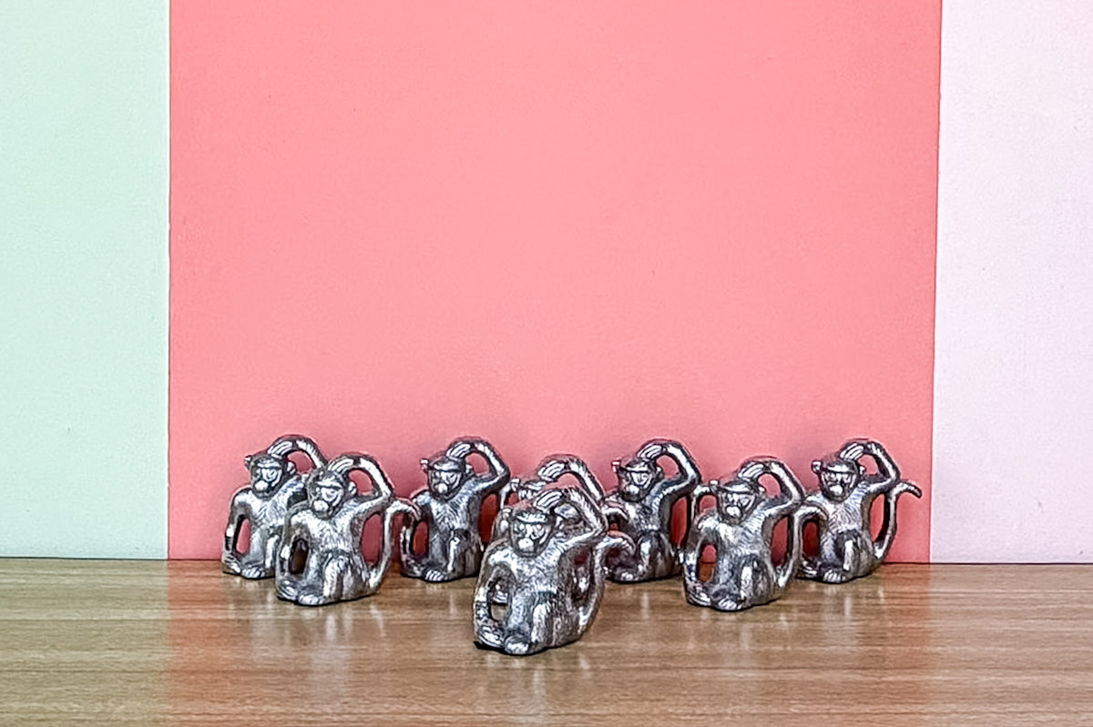 Set of Eight Pewter Monkey Placecard Holders
