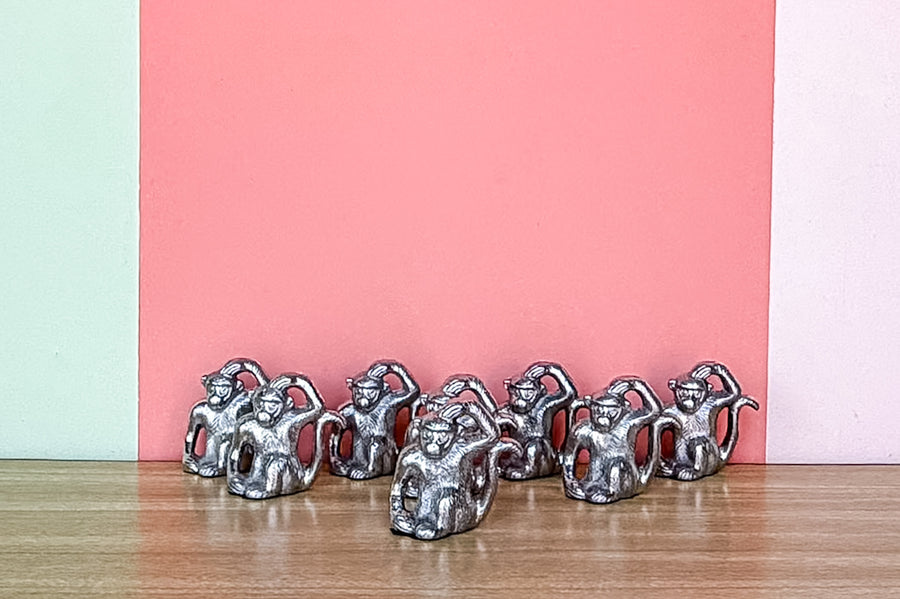 Set of Eight Pewter Monkey Placecard Holders