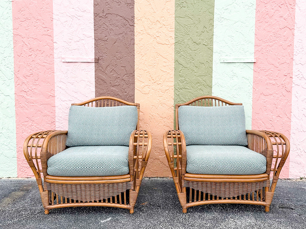 Pair of Coastal Rattan Ficks Reed Lounge Chairs