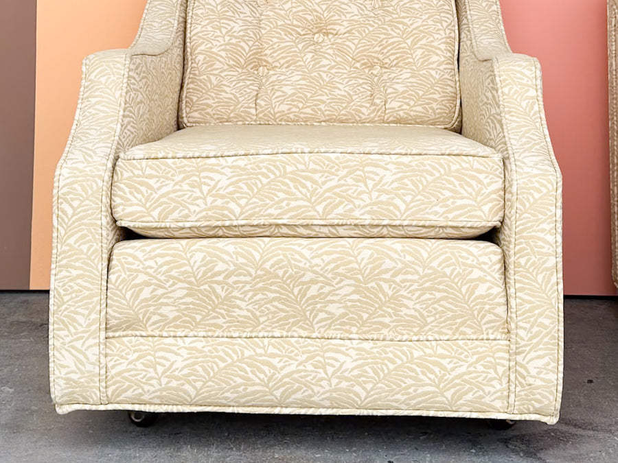 Pair of Butter Yellow Upholstered Chairs on Castors