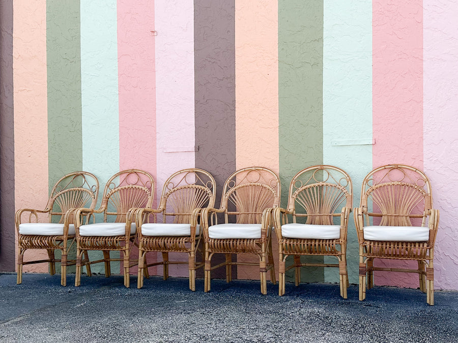 Set of Six Coastal Chic Rattan Arm Chairs