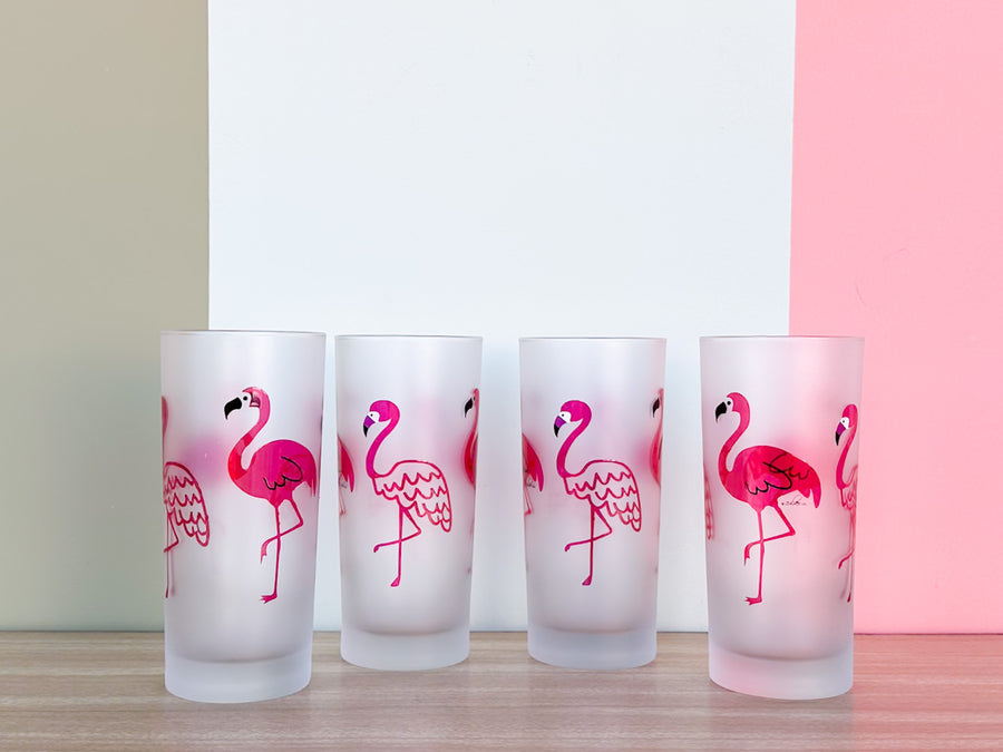 Set of Four Culver Frosted Flamingo Glassware
