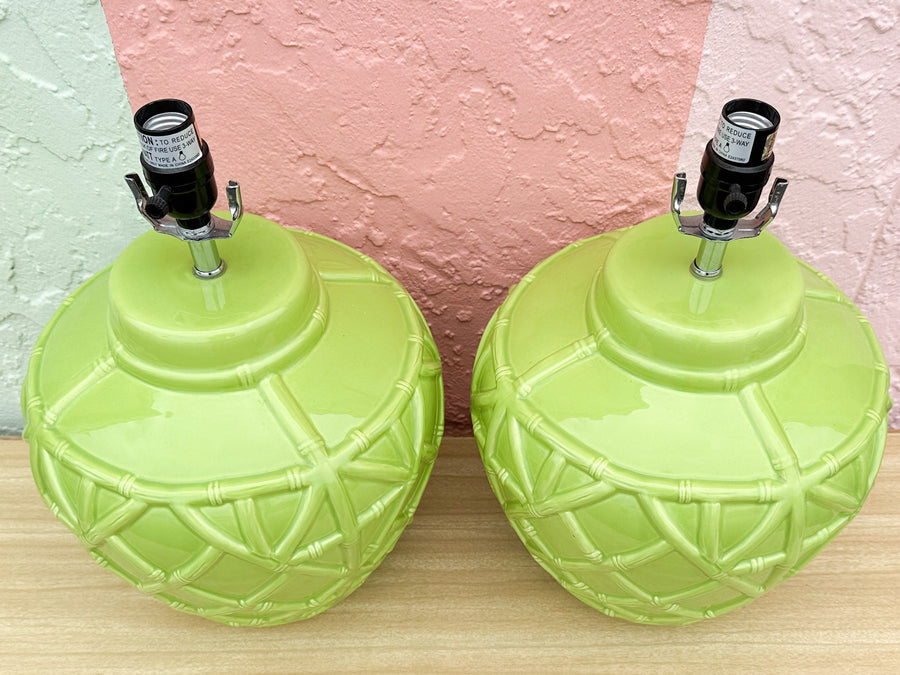 Pair of Key Lime Faux Bamboo Lamps