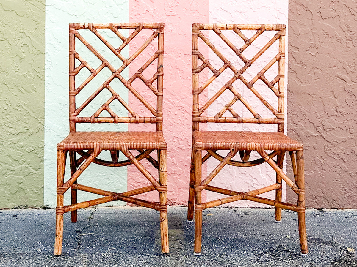 Pair of Tortoiseshell Rattan Chippendale Chairs
