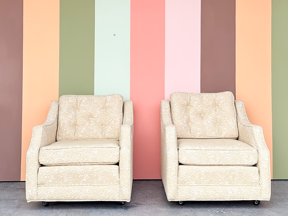 Pair of Butter Yellow Upholstered Chairs on Castors