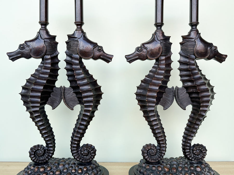Pair of Metal and Resin Seahorse Lamps