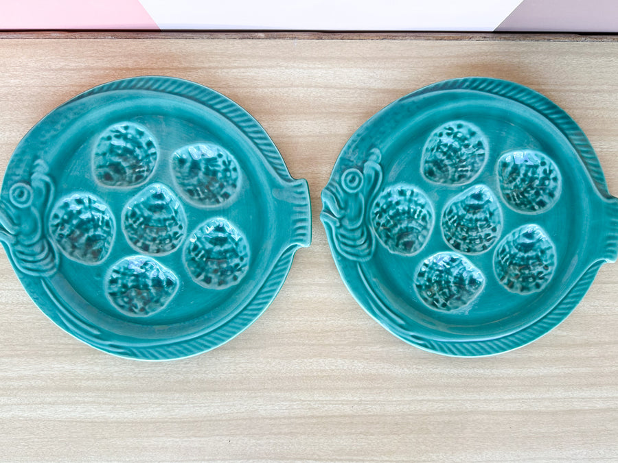 Set of Four Mediterranean Blue French Fish Oyster Plates