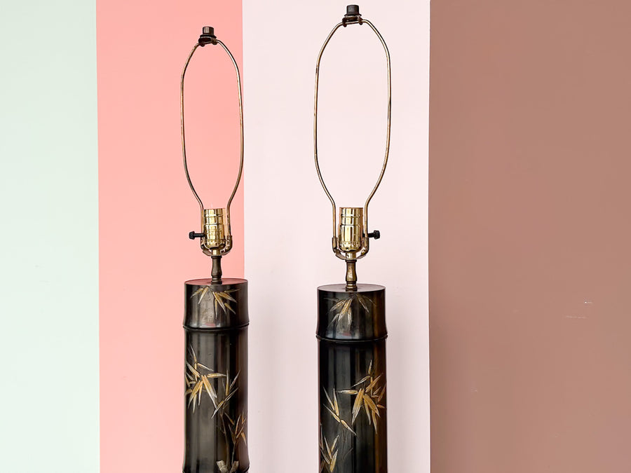Pair of Etched Brass Bamboo Lamps