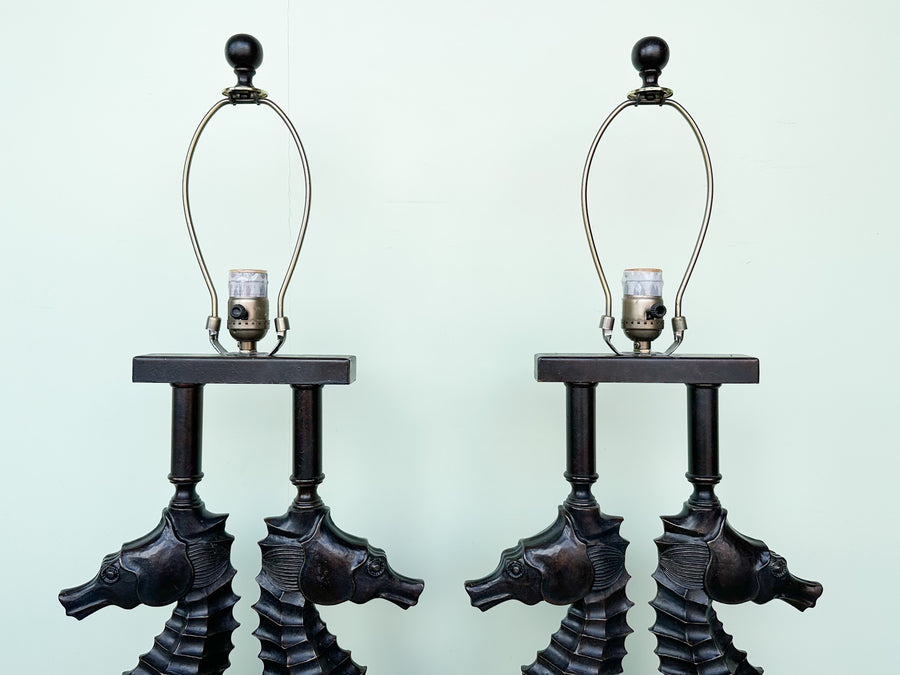 Pair of Metal and Resin Seahorse Lamps