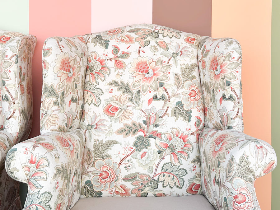 Pair of Floral Chic Upholstered Wingback Chairs