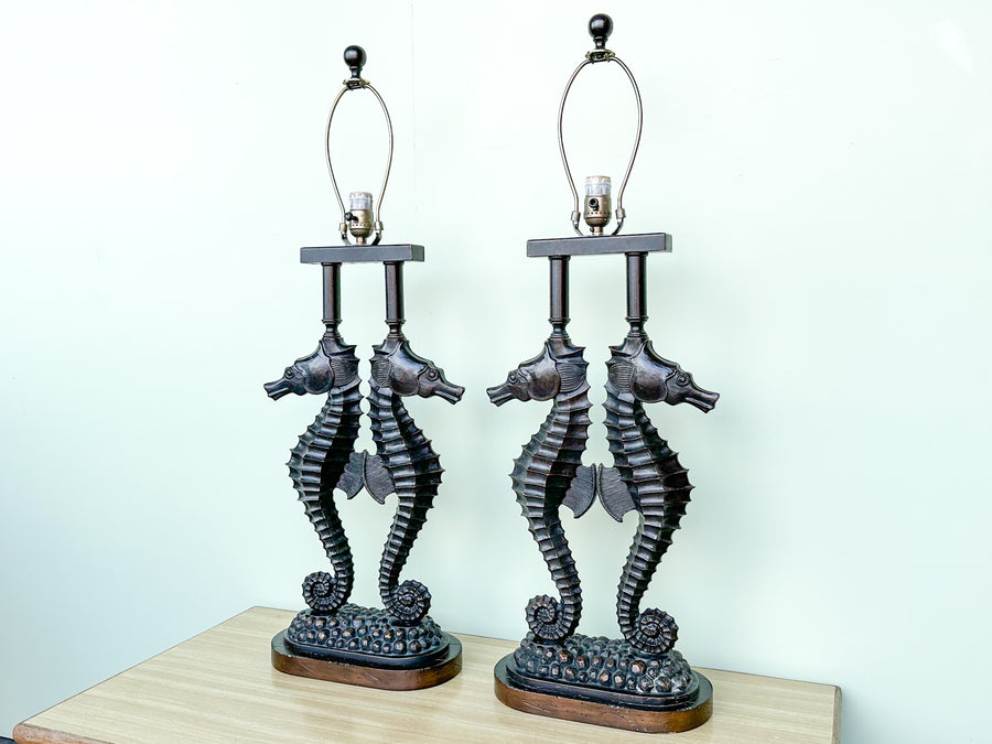 Pair of Metal and Resin Seahorse Lamps