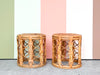 Pair of Tortoiseshell Rattan Drum Stools