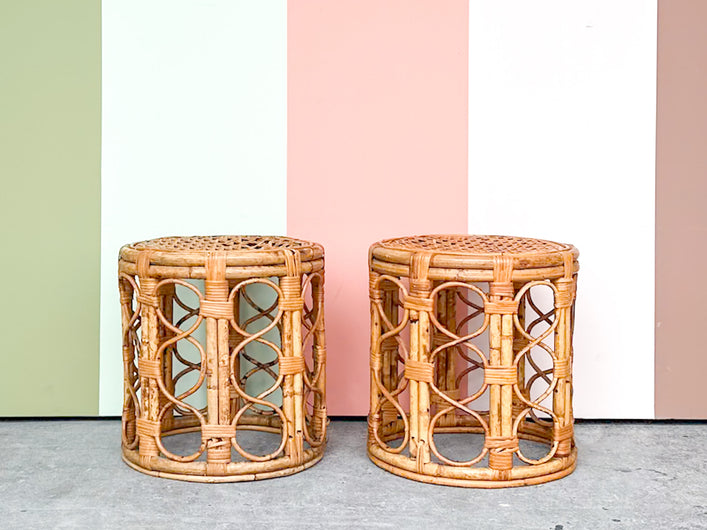 Pair of Tortoiseshell Rattan Drum Stools