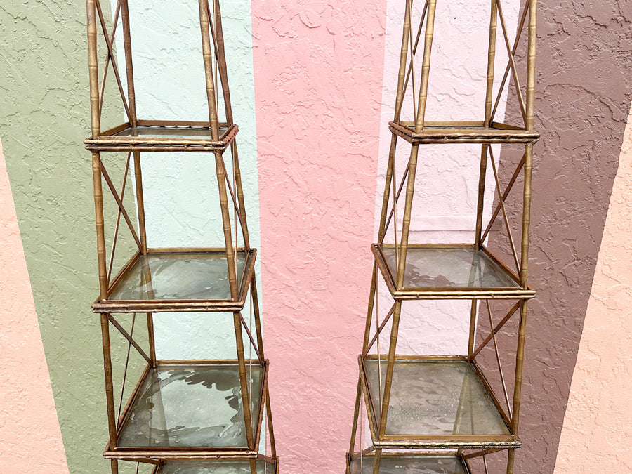 Pair of Gilt Faux Bamboo Metal Pagoda Etageres