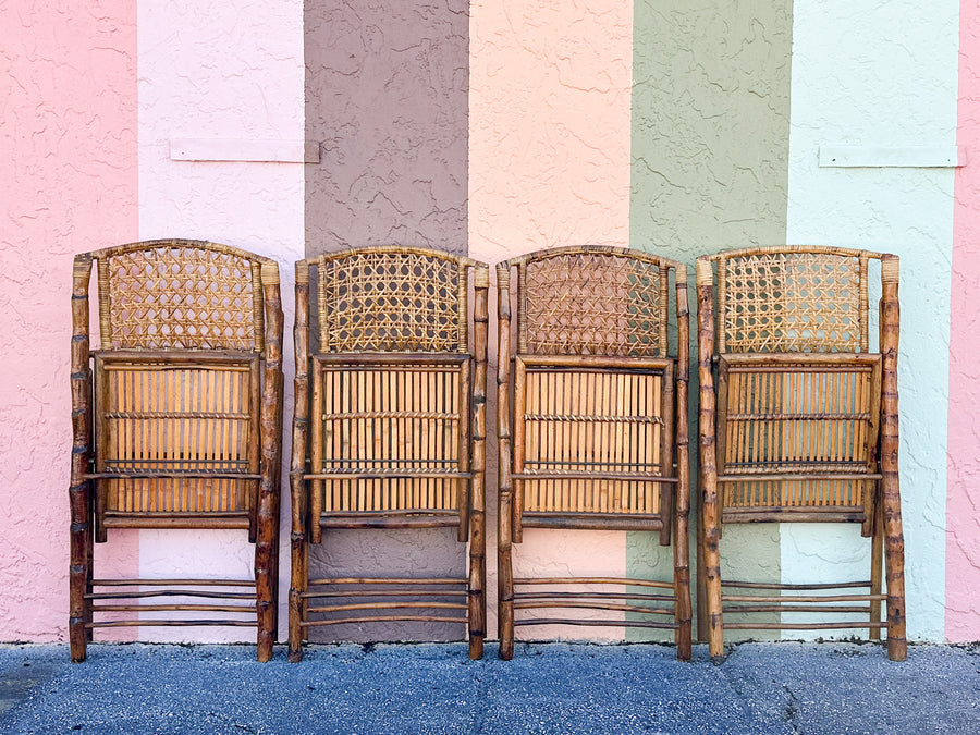 Set of Four Bamboo and Cane Folding Chairs