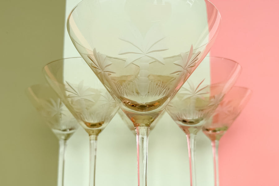 Set of Six Crystal Palm Tree Martini Glassware