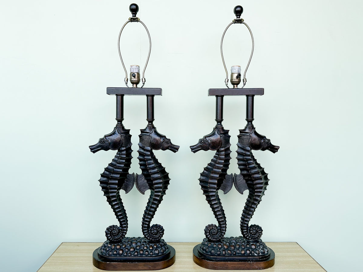 Pair of Metal and Resin Seahorse Lamps
