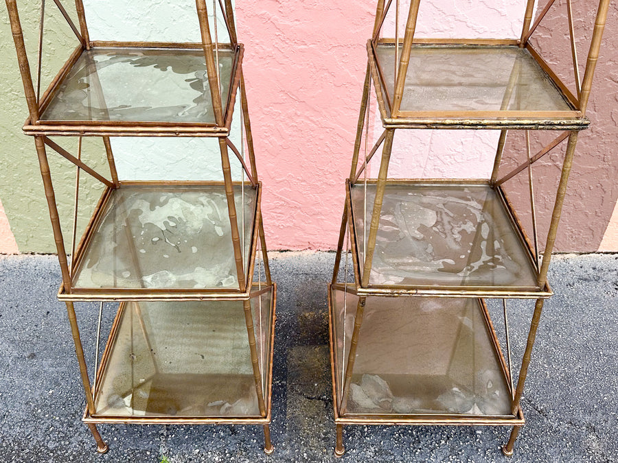 Pair of Gilt Faux Bamboo Metal Pagoda Etageres