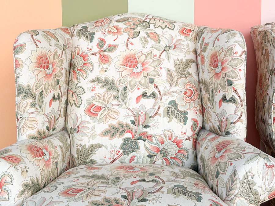 Pair of Floral Chic Upholstered Wingback Chairs