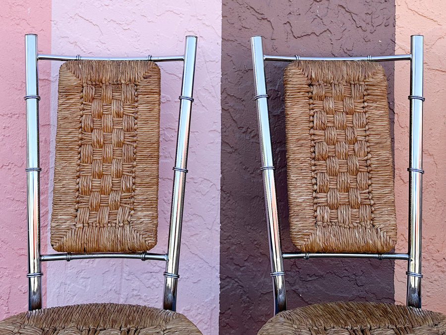 Regency Style Chrome and Rush Faux Bamboo Game Table and Chairs