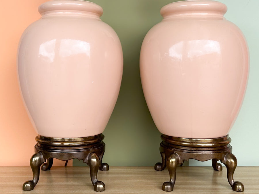 Pair of Peach and Brass Lamps