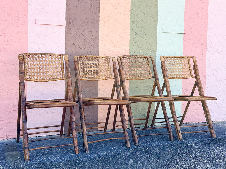 Set of Four Bamboo and Cane Folding Chairs