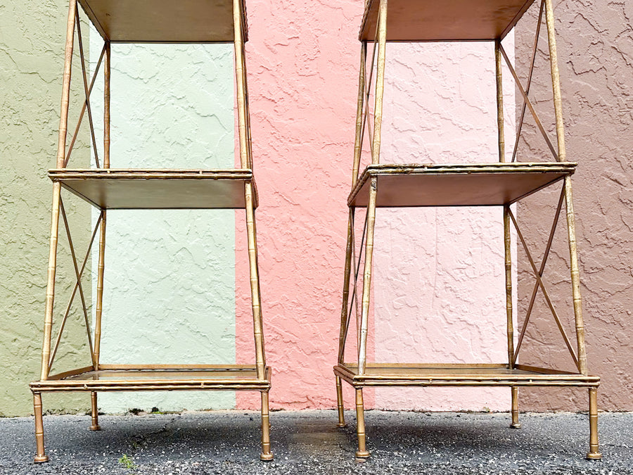 Pair of Gilt Faux Bamboo Metal Pagoda Etageres