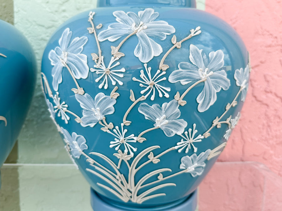Pair of Robin Egg Blue Floral Icing Lamps