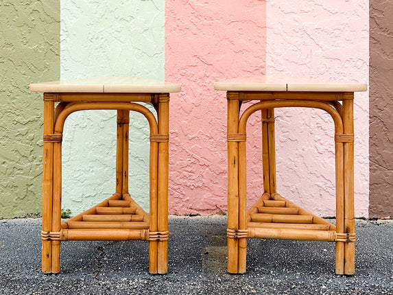 Pair of Old Florida Rattan Triangle Side Tables