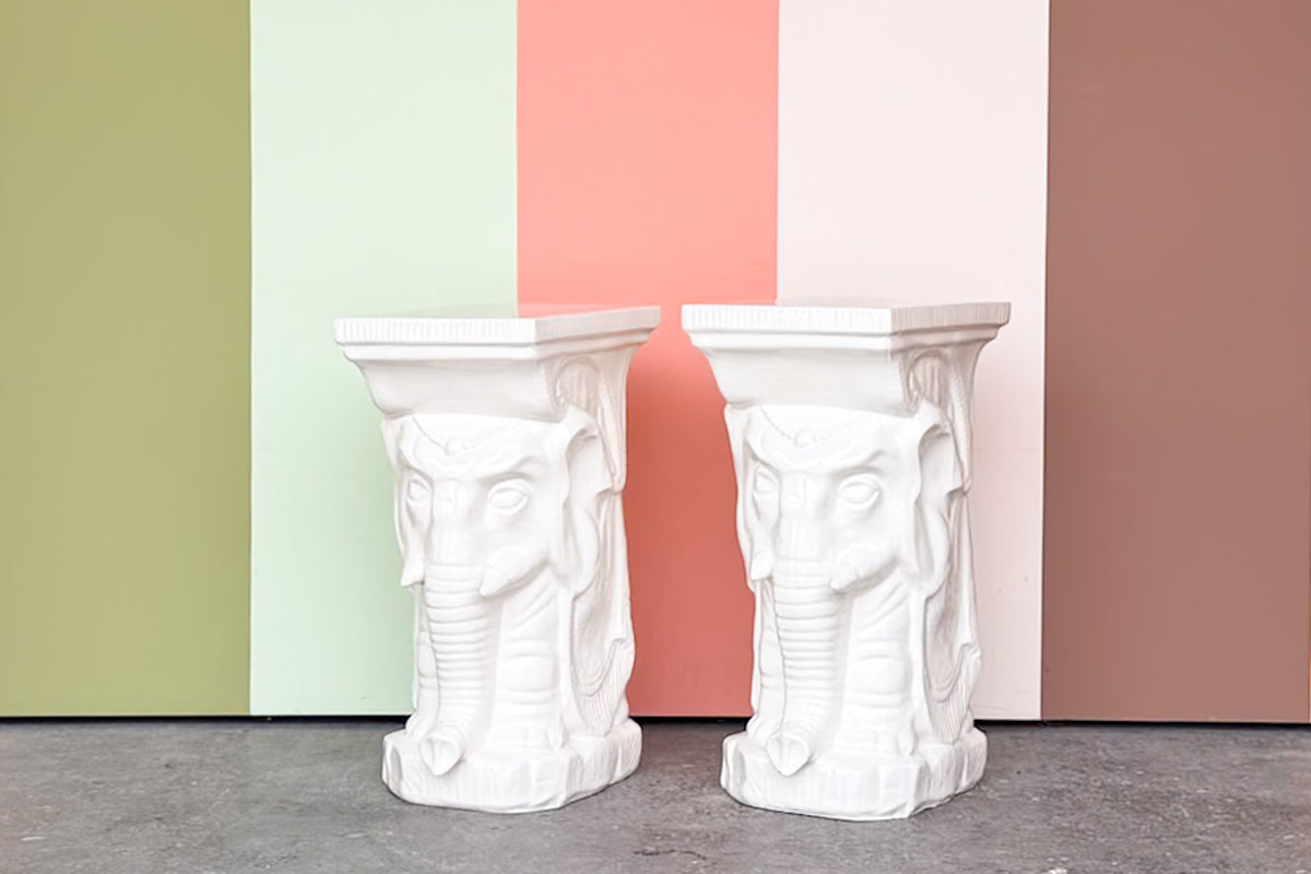 Pair of White Ceramic Elephant Garden Seats