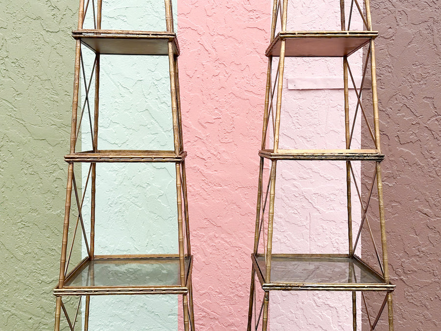 Pair of Gilt Faux Bamboo Metal Pagoda Etageres
